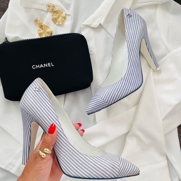 CHANEL Shoes - Chanel coastal nautical stripe pointy heels size 38.5